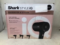 SHARK STYLE IQ HAIR DRYER & STYLER 3-IN-1 WITH STYLE BRUSH, CONCENTRATOR & CURL-DEFINING DIFFUSER, IONIC, FAST DRYING, NO HEAT DAMAGE, COOL SHOT, AUTO HEAT & AIRFLOW SETTINGS, BLACK/ROSE GOLD HD120UK