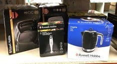 QUANTITY OF KITCHEN & APPLIANCES ITEMS TO INCLUDE RUSSELL HOBBS FOOD COLLECTION ELECTRIC HAND BLENDER, 2 SPEEDS AND PULSE TECHNOLOGY, DETACHABLE BLENDING LEG FOR EASY CLEANING, STAINLESS STEEL BLADES