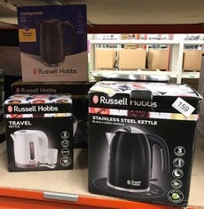 QUANTITY OF KITCHEN & APPLIANCES ITEMS TO INCLUDE RUSSELL HOBBS BLACK STAINLESS STEEL 1.7L CORDLESS ELECTRIC KETTLE WITH BLACK HANDLE (FAST BOIL 3KW, REMOVABLE WASHABLE ANTI-SCALE FILTER, PULL TO OPE