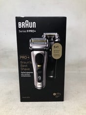 BRAUN SERIES 9 PRO ELECTRIC SHAVER WITH 3+1 HEAD, PROLIFT TRIMMER, CHARGING STAND & TRAVEL CASE, SONIC TECHNOLOGY, UK 2 PIN PLUG, 9417S, SILVER RAZOR. RRP £315: LOCATION - A RACK