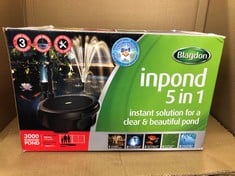 BLAGDON INPOND 5-IN-1 3000 EASY CARE CLEAN POND SOLUTION, 10W POND PUMP & FILTER WITH UV CLARIFIER FOR ALGAE CONTROL AND CLEAR WATER, LED LIGHT, 3 FOUNTAIN HEADS, FOR PONDS UP TO 3,000L, BLACK.: LOCA