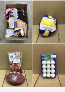 QUANTITY OF SPORTS & EXERCISE ITEMS TO INCLUDE WILSON AMERICAN FOOTBALL MINI NFL TEAM SOFT TOUCH, SOFT TOUCH-BLENDED LEATHER: LOCATION - E RACK