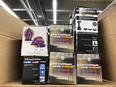 QUANTITY OF KITCHEN & APPLIANCES ITEMS TO INCLUDE TOWER T22008 CERAGLIDE CORDLESS STEAM IRON WITH CERAMIC SOLEPLATE AND VARIABLE STEAM FUNCTION, 2400 W, PURPLE: LOCATION - F RACK