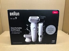 BRAUN SILK-ÉPIL 9, EPILATOR WITH PIVOTING HEAD FOR EASY HAIR REMOVAL, WET & DRY, LASTING SMOOTH SKIN, WITH LADY SHAVER HEAD & TRIMMER COMB, 9-441, WHITE/SILVER.: LOCATION - G RACK