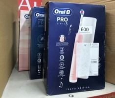 QUANTITY OF HEALTH & BEAUTY ITEMS TO INCLUDE ORAL-B PRO 3 ELECTRIC TOOTHBRUSHES FOR ADULTS, 1 3D WHITE TOOTHBRUSH HEAD & TRAVEL CASE, 3 MODES WITH TEETH WHITENING, 2 PIN UK PLUG, 3500, PINK: LOCATION