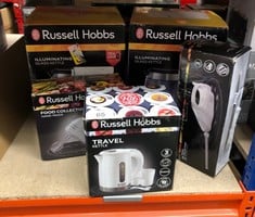 QUANTITY OF KITCHEN & APPLIANCES ITEMS TO INCLUDE RUSSELL HOBBS ELECTRIC 0.85L TRAVEL KETTLE, SMALL & COMPACT, DUAL VOLTAGE, IDEAL FOR ABROAD/CARAVAN/CAMPING, INC 2 CUPS & SPOONS, REMOVABLE WASHABLE