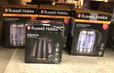 QUANTITY OF KITCHEN & APPLIANCES ITEMS TO INCLUDE RUSSELL HOBBS GROOVE ELECTRIC 1.7L CORDLESS KETTLE (FAST BOIL 3KW, BLACK TEXTURED PLASTIC WITH BRUSHED GOLD ACCENTS, REMOVABLE WASHABLE ANTI-SCALE FI