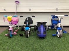 QUANTITY OF ASSORTED KIDS TRAINING TRIKES TO INCLUDE BOYS WITH HARNESS: LOCATION - BACK FLOOR(COLLECTION OR OPTIONAL DELIVERY AVAILABLE)