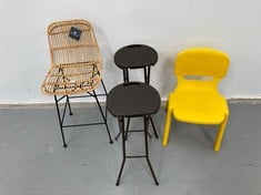 4 X ASSORTED HOUSEHOLD CHAIRS INCLUDING BROWN STOOL (WICKER CHAIR WITHOUT SCREWS IN SEAT).