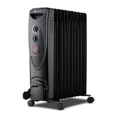 2 X PUREMATE 2500 W OIL RADIATOR, 11 FINS, 3 POWER LEVELS, ADJUSTABLE THERMOSTAT, TIMER, AUTO SAFETY SHUT OFF, PORTABLE ELECTRIC HEATER ON WHEELS - BLACK.