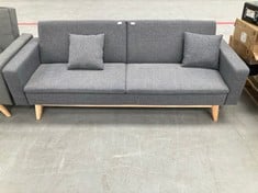 GREY SOFA BED WITH TWO CUSHIONS AND WOODEN LEGS.