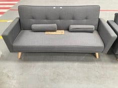 SOFA BED WITH TWO CUSHIONS AND WOODEN LEGS (RIGHT ARMREST LOOSE, BROKEN AT THE BACK).