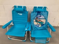 3 X BEACH ITEMS INCLUDING RECLINING MAT WITH BLUE POCKET.