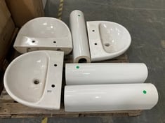 3 X TWYFORD E100 ROUND WASH BASIN IN WHITE APPROX 550 X 440MM TO INCLUDE IDEAL STANDARD ALLARO FULL PEDESTAL IN WHITE (ZONE 3) (KERBSIDE PALLET DELIVERY)