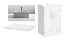 2 DOOR FLOOR STANDING VANITY UNIT IN GLOSS WHITE (500MM) TOO INCLUDE NUIE WALL HUNG 500MM WORKTOP AND NUIE MODERN RECTANGULAR BATHROOM COUNTERTOP SINK (160MM X 470MM) - TOTAL RRP £550.90