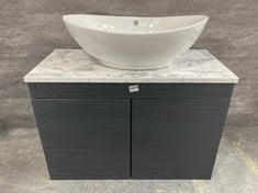 WALL HUNG 2 DOOR VANITY UNIT IN BLACK OAK EFFECT (800MM) TO INCLUDE NUIE CERAMIC BASIN IN GLOSS WHITE (800MM) AND MARBLE EFFECT COUNTERTOP - TOTAL RRP £451