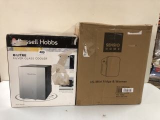 2 X MINI FRIDGES INC. RUSSELL HOBBS 8LITRE SILVER GLASS COOLER