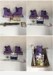 BOX OF ITEMS TO INC.BRATZ PURPLE INLINE SKATES