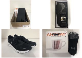 BOX OF ITEMS TO INC ON CLOUD BLACK TRAINERS & JOHN LEWIS STO NEWARE MUGS