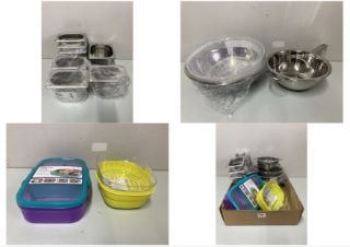 BOX OF KITCHEN ITEMS TO INC. STAINLESS STEEL BOWL