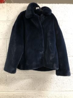 WOMENS RIVER ISLAND FUR COAT IN NAVY SIZE - UK 4