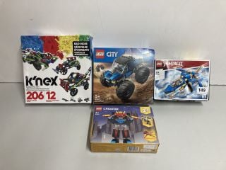 A K'NEX SET AND THREE LEGO SETS TO INCLUDE NINJAGO