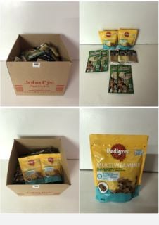 BOX OF DOG FOOD TO INCLUDE PEDIGREE MULTIVITAMINS BBE 02/25