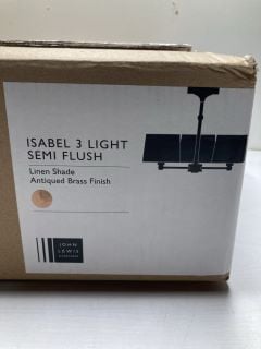 JL ISLABEL 3 LIGHT SEMI FLUSH LINEN SHADE - BRASS FINISH