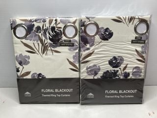 2 X FLORAL BLACKOUT THERMAL RING TOP CURTAINS 117CM X 137CM