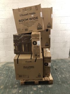 PALLET OF APPLIANCES TO INCLUDE RUSSELL HOBBS 60CM WIDE BLACK GLASS & DARK STEEL T SHAPED CHIMNEY COOKER HOOD