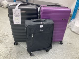 2 X HARDSHELL SUITCASES TO INCLUDE ROCK AND A FEATHERSTONE SOFT SKIN SPINNER SUITCASE