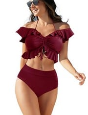 20 X JFAN BIKINI SET OFF SHOULDER RUFFLED FLOUNCE CROP TOP HIGH WAISTED BOTTOM TUMMY CONTROL SWIMSUITS FOR WOMEN LEAVES M - TOTAL RRP £216: LOCATION - B