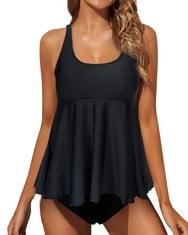 QUANTITY OF JFAN SWIMMING COSTUME WOMEN TANKINI RUFFLE SWIMSUIT TOP AND BOTTOM SETS BATHING SUIT TUMMY CONTROL SWIMWEAR BLACK S - TOTAL RRP £937: LOCATION - E