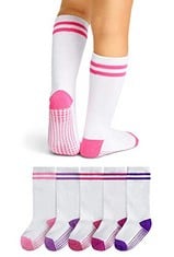 36 X LA ACTIVE KNEE HIGH GRIP SOCKS - 5 PAIRS - BABY TODDLER NON SLIP/SKID COTTON (ATHLETIC STRIPES GIRLS WHITE VARIETY, 4-6 YEARS) - TOTAL RRP £334: LOCATION - E