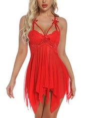 10 X ARANMANAI BABYDOLL LINGERIE FOR WOMEN NAUGHTY NIGHTWEAR BACK CUTOUT LACE CHEMISE MESH BRIDAL NIGHTDRESS RED L - TOTAL RRP £133: LOCATION - E