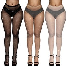 25 X SHOES 3 PAIRS WOMEN RHINESTONE FISHNET TIGHTS, SPARKLE RHINESTONE MESH TIGHTS SPARKLY FISHNET STOCKINGS DIAMOND FISHNET STOCKINGS, HIGH WAIST RHINESTONE PANTYHOSE FOR PARTY (BLACK,WHITE,SKIN COL