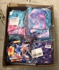 QUANTITY OF ASSORTED ITEMS TO INCLUDE BELOVECOL GIRLS 3-PIECE SWIMSUIT LONG SLEEVE RASH GUARD TANKINI SETS UPF 50+ PURPLE MERMAID PRINTED BATHING SUIT 6-7T: LOCATION - H