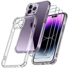 QTY OF IVOLER [4 IN 1 CAMERA COVER CASE COMPATIBLE WITH IPHONE 14 PRO MAX 6.7" WITH 3 PACK TEMPERED GLASS SCREEN PROTECTOR, SLIM SOFT TPU SHOCKPROOF ANTI-SCRATCH PHONE CASE COVER - CLEAR - TOTAL RRP