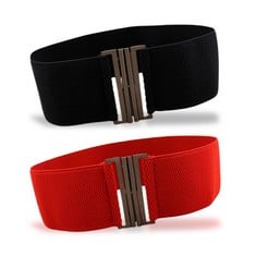 19 X EUPSIIU 2 PCS WOMENS WIDE ELASTIC WAIST BELT, ELASTICATED BELT, VINTAGE BELT, RETRO VERTICAL CLASP BUCKLE BELT, LADIES BELTS FOR DRESSES WITH SILVER BUCKLE, TRIMMER STRETCH WAISTBAND (BLACK, RED