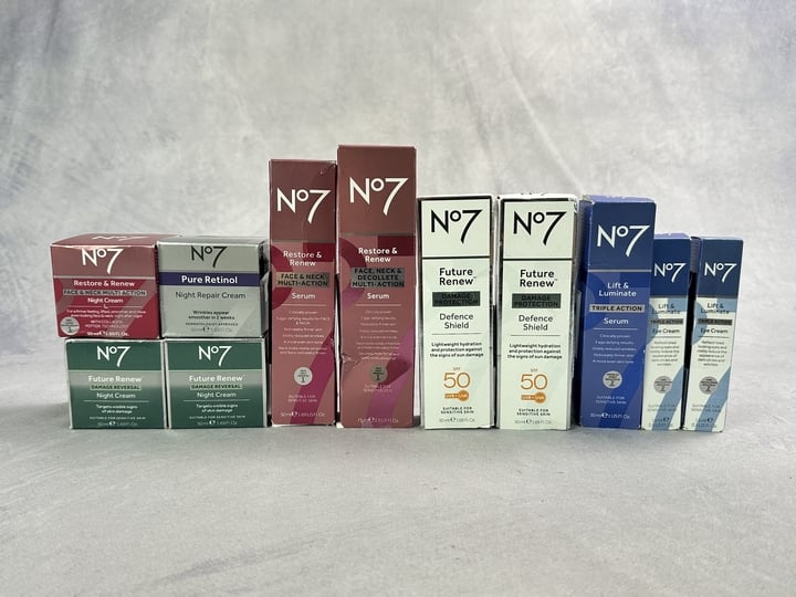 No7 Beauty Products 11x Units Including Future Renew Damage Reversal Night cream 50ml & Restore & Renew Face, Neck & |Decollete Serum 75ml (MPSS3319753) (VAT ONLY PAYABLE ON BUYERS PREMIUM)