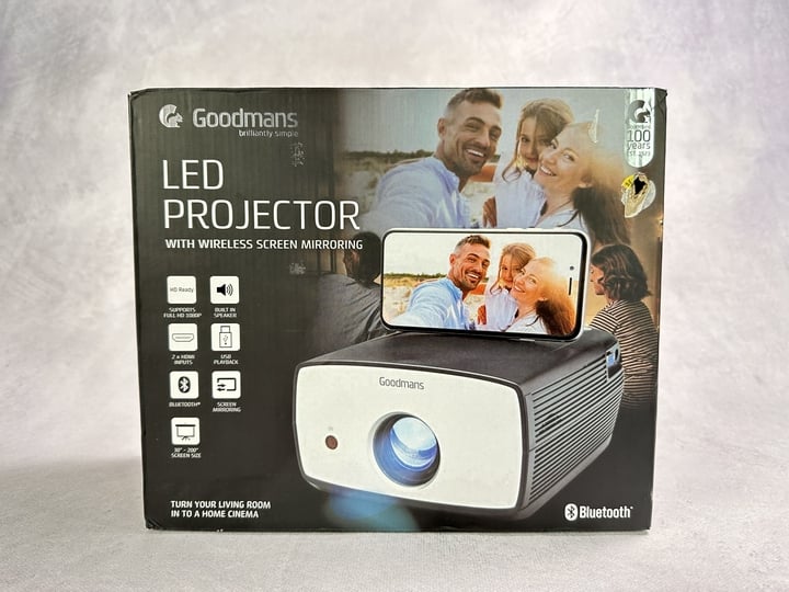 Goodmans LED Projector With Wireless Mirroring, Sealed (MPSE54860862) (VAT ONLY PAYABLE ON BUYERS PREMIUM)