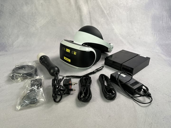 Playstation VR Headset with Various Cables And Motion Controller (Untested)  (MPSS02474540) (VAT ONLY PAYABLE ON BUYERS PREMIUM)