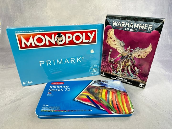 Warhammer 40,000 death Guard Sealed, Monopoly Primark Edition Sealed And Derwent Inktense Blocks 72 (VAT ONLY PAYABLE ON BUYERS PREMIUM)