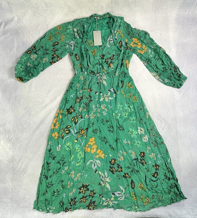 Oliver Bonas Green Floral Midi Dress With Tag - Size 10 (MPSD46652334) (VAT ONLY PAYABLE ON BUYERS PREMIUM)