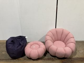 2 X ITEMS TO INCLUDE MIRIELLE TEDDY CHAIR WITH FOOTSTOOL PINK AND MINI PURPLE BEANBAG