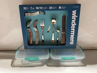 QTY OF ASSORTED ITEMS INCLUDING  WINDERMERE 32 PEICE CUTLERY SET & SISTEMA 10 PEICE OF BOXES