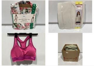 BOX OF ASSORTED CLOTHES TO INCLUDE SHORT SLEEVE NOTCH COLLAR PYJAMA SET & PINK PUMA SPORTS BRA