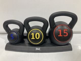 BOX OF SPORT EQUIPMENT TO INCLUDE KETTLEBELL WEIGHT 10KG AND 15KG