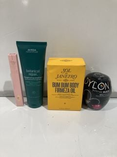 BOX OF ITEMS INCLUDING MINKY ULTRA POWER 3 SCOURERS & AVEDA BOTANICAL REPAIR CONDITIONER