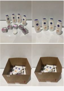 BOX OF HEALTH ITEMS INCLUDING NIVEA ORANGE SHOWER CREAM